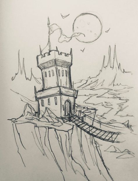 Cartoon Landscape Drawing, Fantasy Pencil Sketch, Drawing Fantasy Art Sketches, Sketchbook Environment, Fantasy Landscape Drawing, Sketchbook Pages Inspiration, Setting Background, Sketchbook Landscape, Sketches Landscape