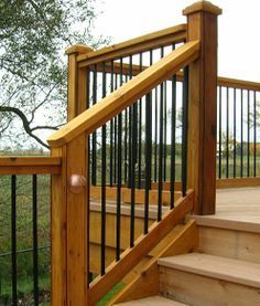 Deck Railing Deck Stair Railing, Metal Spindles, Outdoor Stair Railing, Deck Railing Design, Stair Balusters, Stair Rail, Railings Outdoor, Wooden Deck, Deck Stairs