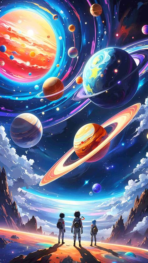 Space Technology Art, Outer Space Artwork, Galaxy With Planets, Outer Space Drawing, People In Space, Space Art Wallpaper, Spaceship Illustration, Outer Space Wallpaper, Exploration Art