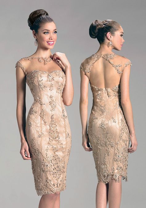 Gorgeous knee-length cocktail dress in champagne. Sheer collar with delicate embroidery and an open back. Slight sweetheart neckline with delicate patterns embellished along the body of the dress. Style W309 Gaun Koktail, Gold Party Dress, Wedding Guest Gowns, Knee Length Cocktail Dress, Elegant Cocktail Dress, Gaun Fashion, Mother Of Groom Dresses, Bride Groom Dress, Evening Dresses Short