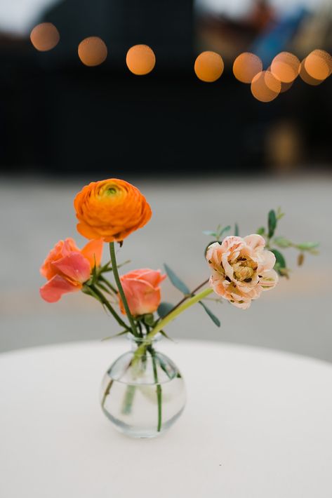 Ranunculus and tulips paired with spray roses. Ranunculus Bud Vases Wedding, Bud Vase Ranunculus, White Ranunculus Bud Vase, Apricot Ranunculus, Butterfly Ranunculus Arrangement, Bud Vases Arrangements, Bud Vase Centerpiece, Bud Vases Flowers, Early Spring Wedding