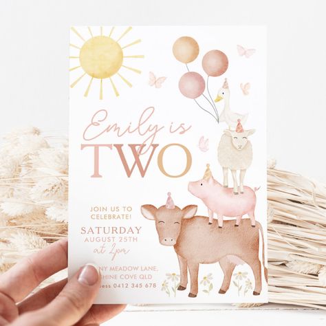 2nd Birthday Farm Animals Barnyard Party Girls Invitation | #farmbirthday #barnyardinvitation #girlsfarminvitation #cowinvitation #cutefarminvitation #farmanimalparty #farmanimalsinvitation #farm2ndbirthday #farm2ndbirthdayinvitation #girls2ndbirthday Farm Animals Invitations, Farm Invitation, Farm Birthday Invitation, Farm Animal Party, Farm Animals Birthday Party, Barnyard Party, 2nd Birthday Invitations, Farm Birthday Party, Girl 2nd Birthday