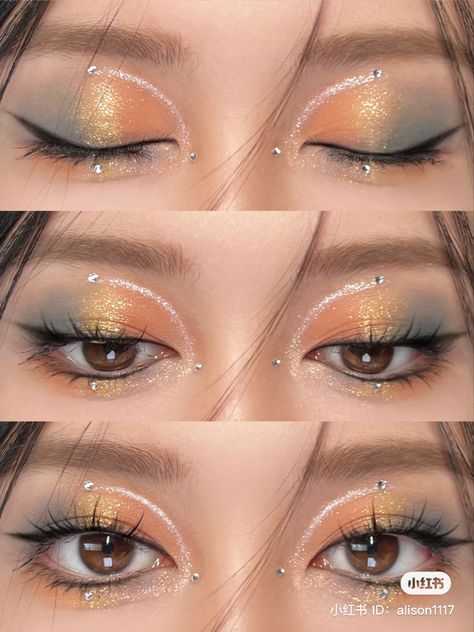 Bead Makeup Looks, Makeup For Denim Outfit, Glitter Eyeshadow Looks, Makeup Layout, Eyeshadow Styles, Maquillage On Fleek, Pretty Eye Makeup, Doll Eye Makeup, Cute Eye Makeup