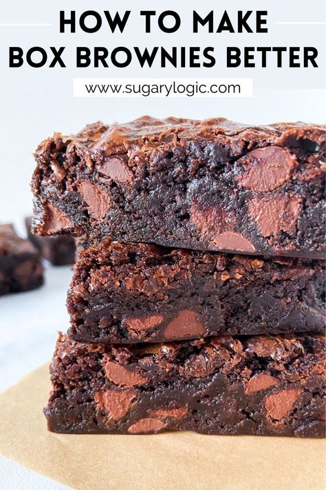 A stack of brownie slices. Best Brownies From A Box Recipes, Make Box Brownies Better, Box Brownies Better, Boxed Brownies Better, Boxed Brownie Recipes, Ghirardelli Brownie Mix, Brownie Mix Recipes, Espresso Brownies, Coffee Brownies