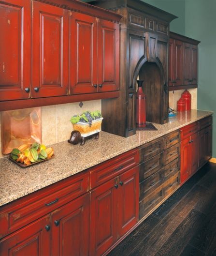 Farmhouse Style Kitchen Cabinets, Red Kitchen Cabinets, Painted Kitchen Cabinets, Red Cabinets, Rustic Kitchen Cabinets, Painted Kitchen, Kitchen Cabinet Styles, Kitchen Cabinets Makeover, Red Kitchen