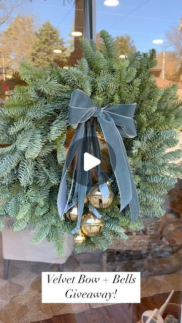 JSH Home Essentials on Instagram: "Giveaway day!  I’m giving away a pre-tied double velvet bow + set of six of our real sleigh bells ready to tie onto a wreath.  To enter the giveaway, tag a friend and share this post in your stories!  Our sleigh bells have just been restocked online.  For the wreath in this video, I used our velvet ribbons in 1 1/2” for the double bow + 7/8” to tie on the bells.  This is our Blue Spruce Velvet pictured here - which, I think looks so good with our blue/green storefront.  I used the 1 1/2” Chocolate Velvet for the bow on the garland.   Extra points if you tell us what color you’d love for your velvet bow! 🎀  #christmas #bow #bowseason #wreath #wreathmaking #kcchristmas" Velvet Bow On Wreath, Velvet Bow Wreath, Velvet Bow Christmas, Bell Wreath, Bow Season, Winter Wreath Diy, Swag Wreath, Sleigh Bells, Sleigh Bell