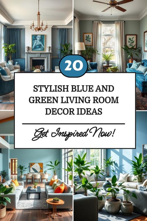 Collage of elegantly decorated living rooms in shades of blue and green, featuring furniture and plants. Text overlay promoting decor ideas. Best Blue For Living Room, Green And Blue Home Aesthetic, Blue Green Decorating Ideas, Living Room Designs With Blue Walls, Dark Blue And Sage Green Living Room, Coastal Living Room Green, Blue Green Cream Living Room, Blue Green Living Room Walls, Soft Green Living Room Walls