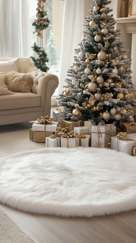 Cozy living room with a fluffy white Christmas tree skirt, elegant tree decor, gifts, and a warm fireplace ambiance. Fur Christmas Tree Skirt, Fur Christmas Tree, Trendy Christmas Decor, Silver Living Room, Luxury Christmas Decor, Earthy Living Room, Christmas Luxury, Festive Table Setting, Rose Gold Decor