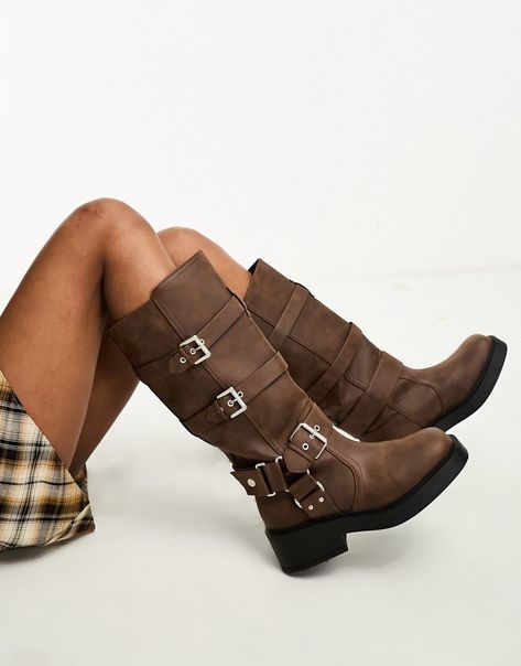 Shoes by ASOS DESIGN That all-year-round one Pull-on style Buckle straps Square toe Chunky sole Brown Fall Boots, Brown High Heel Boots, City Break Outfit, Future Wardrobe, Fits Inspo, Cute Boots, Buckle Boots, Biker Boots, Chunky Boots