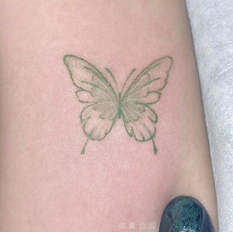 Purple Outline Tattoo, Green Tattoo Aesthetic, Small Butterfly Tattoo Color, Butterfly With Words Tattoo, Green Tattoos For Women, Green Line Tattoo, Purple Ink Tattoo, Green Butterfly Tattoo, Gen Z Tattoo