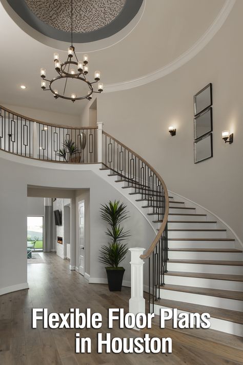 New home builder Coventry Homes offers award-winning new home designs in many desirable Houston area communities. 2023 Staircase, Rounded Staircase, Curved Staircase Foyer, Aesthetics Interior Design, Stair Way, Suburban Houses, Modern Suburban House, Stair Layout, Transitional Staircase