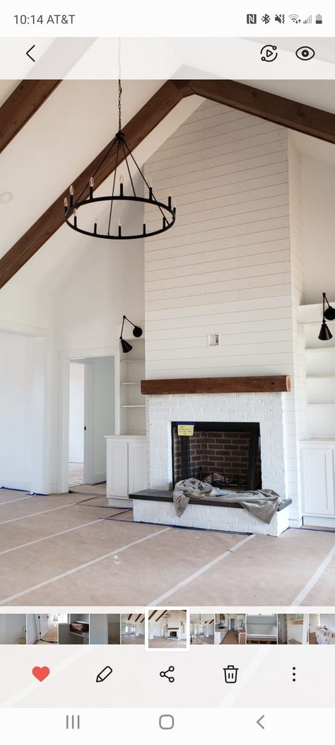 Shiplap 2 Story Fireplace, Brick With Shiplap Fireplace, Shiplap Fireplace Tall Wall, Tall Fireplace Wall High Ceilings Shiplap, Brick And Board And Batten Fireplace, Brick Fireplace Cathedral Ceiling, White Brick Tile Fireplace, Tall White Brick Fireplace, Vaulted Fireplace Wall Shiplap