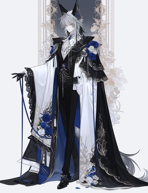 Royalty Male Outfit, Elegant Outfits For Men, Prince Outfit Design, Fantasy Prince Outfit, Prince Clothes, Persona Anime, Blue Suit Wedding, Art Outfit, Angel Outfit