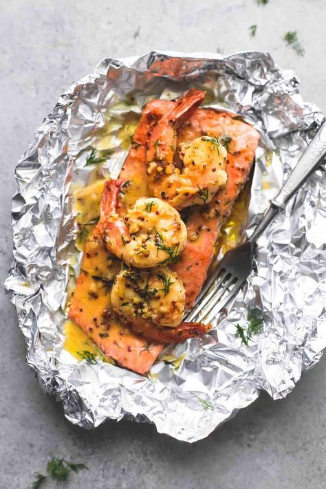 Garlic Dijon Shrimp and Salmon Foil Packs | Creme De La Crumb Salmon Foil Pack, Salmon In Foil, Foil Dinners, Foil Pack Meals, Foil Packs, Foil Packet Meals, Salmon And Shrimp, Salmon And Asparagus, Salmon Dishes