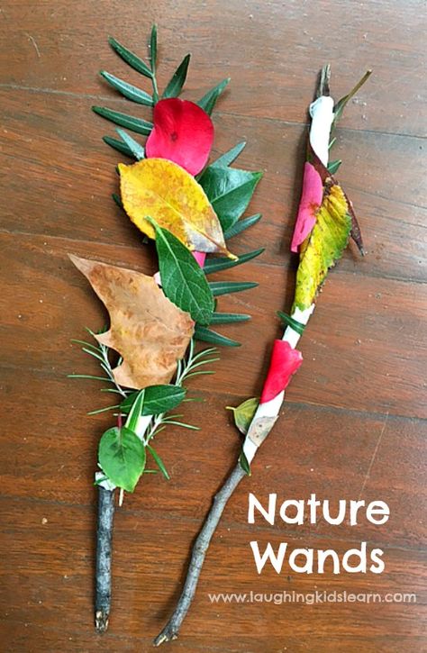 Nature wands for outdoor play - Laughing Kids Learn Nature Explore Outdoor Classroom, Nature Wands, Nature Crafts For Kids, Forest School Activities, Camp Activities, Waldorf Crafts, Tree Study, Imagination Station, Nature School