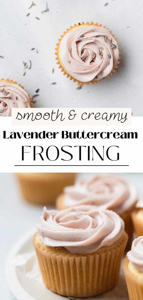 This lavender buttercream frosting is silky smooth and has a delicious floral flavor. It is delicately flavored with lavender extract and adds the perfect, fragrant touch to your Spring cakes and cupcakes! Lavender Cream Cheese Frosting Recipe, Lavender Cream Cheese Frosting, Lavender Frosting Recipe, Lavender Cupcakes Recipe, Lavender Extract Recipes, Buttercream Frosting Flavors, Frosting Styles, Lavender Buttercream Frosting, Flavored Buttercream Frosting