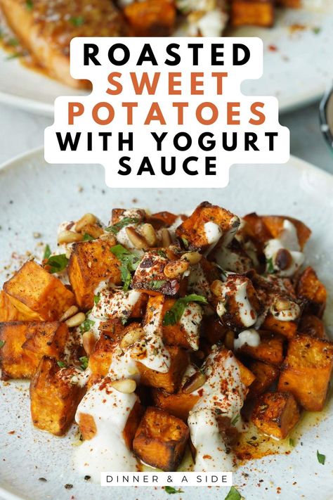 Roasted Sweet Potatoes with Yogurt Sauce Meals With Roasted Sweet Potatoes, Sweet Potato And Yogurt, Parmesan Sweet Potatoes, Sweet Potato Boats, Sweet Potato Sauce, Chickpea Recipe, Sweet Potato Sides, Fall Meals, Grilled Meats