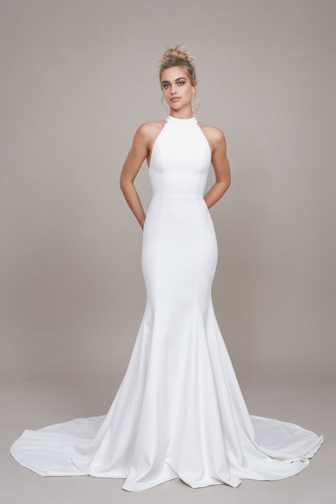 Knox | Vagabond Bridal | THE DRESS TRIBE Halter Sheath Wedding Dress, Column Wedding Dress Simple, Halter Neck Bridal Dress, High Neck Bridal Dress, Halter Bridal Gowns, High Neck Wedding Dress Sleeveless, High Neck Open Back Wedding Dress, High Neck Wedding Dress Low Back, Simple Sleek Wedding Dress