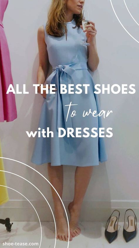 When you think about what shoes to wear with dresses, I'm sure a lot of shoe types and colors come to mind! If you're looking for summer shoes that go with dresses – especially sundresses – I'm sure you'll think sandals and sneakers. What Shoes To Wear With Below The Knee Dress, Flat Shoes To Wear With Dresses, Knee Length Dress Outfit, Sundress Shoes, Shoes To Wear With Dresses, Best Comfortable Shoes, Shoe Types, What Shoes To Wear, Long Mermaid Dress