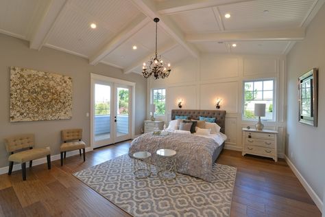 Traditional Master Bedroom with Carpet, Cathedral ceiling, Crown molding, Hardwood floors, Exposed beam, Chandelier Garage Addition With Master Suite Above, Cathedral Ceiling Bedroom, Master Suite Addition, 5 Bed House, Built In Lockers, 5 Bedroom House Plans, 5 Bedroom House, Bedroom House Plans, Home Additions