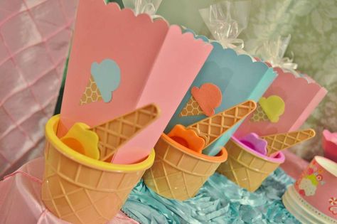 Ice Cream Birthday Party! | CatchMyParty.com Ice Cream Birthday Party Favor Ideas, Ice Cream Theme Loot Bags, Ice Cream Bowl Party Favors, Ice Cream Sundae Party Favors, Ice Cream Theme Goodie Bags, Ice Cream Favors Ideas, I’ve Cream Party Favors, Ice Cream Themed Party Favors, Sweet One Birthday Party Favors