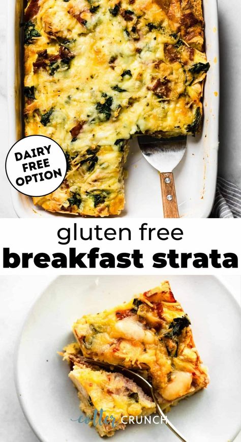 This Gluten-Free Breakfast Strata is made with layers of breakfast staples including gluten-free bread, bacon or ham, veggies, and more. Baked in about 30 minutes, it’s an easy breakfast, brunch, or dinner option for everything from Christmas morning, Easter, or a random weekday! Serve this gluten free strata recipe with fresh fruit. Store overnight in the fridge for a more fluffy egg bake. Gluten Free Egg Bake Casserole, Gluten Free Egg Bake, Gluten Free Egg Casserole, Quick Breakfast Casserole, Breakfast Staples, Gluten Free French Bread, Egg Strata, Strata Recipes Breakfast, Egg Bake Casserole