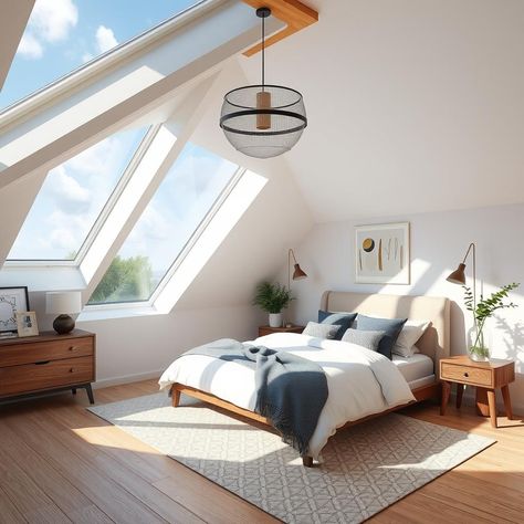 Transform your attic into a serene oasis with skylights that let in plenty of natural light for a peaceful retreat 🌿 #bedroomoasis #skylightretreat Bedroom In Roof Space, Velux Skylights Bedroom, Skylights Bedroom, Sloping Roof Bedroom, Bedroom With Skylight, Bedroom With Terrace, Skylight Bedroom, Attic Master Suite, Oasis Design