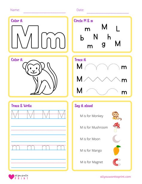 Free Printable Letter M Worksheet - 6 Activities in 1 Letter M Worksheets For Preschool, Letter M Worksheet, Letter M Printable, M Words, Letter M Worksheets, Worksheet For Preschool, Emotions Preschool, Free Printable Alphabet, Letter Worksheets For Preschool