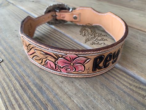 Excited to share this item from my #etsy shop: Hand tooled leather dog collar -custom- swirls, pink flowers and leaves #traditionalbuckle #dog #special #collar #swirls Tooled Leather Dog Collar, Custom Hey Dudes, Horsehair Jewelry, Custom Leather Work, Leather Studio, Purse Decorations, Horse Hair Bracelet, Leather Dog Collar Custom, Hair Bracelet