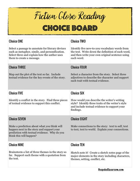 15 Ways to Integrate Student Choice into the Secondary ELA Classroom — Bespoke ELA Secondary Ela Classroom, Reading Analysis, Modern Literature, Teaching High School English, Study Hacks, Teaching Literature, Choice Board, Student Choice, Secondary Ela