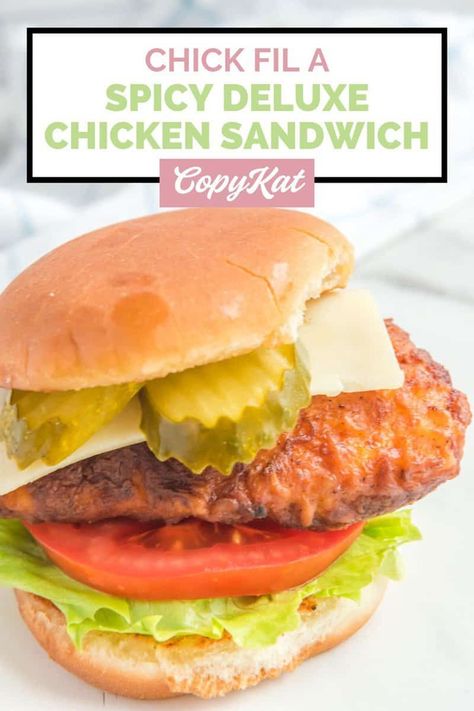 No need to go to the restaurant when you can make Chick Fil A spicy deluxe chicken sandwich at home with a few simple ingredients. Get the easy copycat recipe and find out how to make the best deluxe spicy chicken sandwich with lettuce, tomato, and pepper jack cheese. This delicious spicy fried chicken sandwich is perfect for lunch or dinner. Copycat Spicy Chick Fil A Sandwich, Spicy Fried Chicken Sandwich, Chick Fil A Recipe, Spicy Chicken Sandwich, Spicy Fried Chicken, Spicy Chicken Sandwiches, Chicken Sandwich Recipes, Fried Chicken Breast, Fried Chicken Sandwich