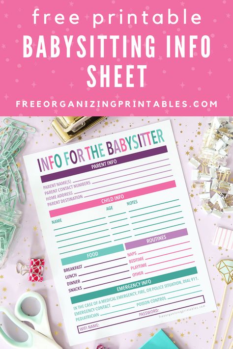 Use this free printable babysitting information sheet to leave all of the most important details for the babysitter all in one place. There's room to mark kids' food preferences, favorite activities, sleep schedules, emergency numbers, and more. | #babysitter #babysitting #babysitterinfo #freeprintable Babysitting Information Sheet Printables, Babysitter Information Sheet Free, Babysitter Poster Ideas, Babysitting Information Sheet, Babysitting Binder, Babysitter Checklist Printable, Babysitting 101, Babysitter Information Sheet, Babysitter Checklist