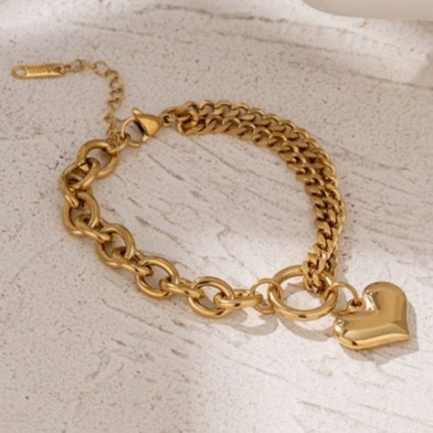 ^NEW 18K Gold Plated Chunky Link Chain Heart Circle Bracelet Gold Heart-shaped Chain Bracelets, Tarnish Resistant Heart Chain Bracelet, Gold Heart Bracelet With Heart Charm, Gold Heart Bracelet With Chain, Gold Double Heart Bracelet, Gold Heart-shaped Chain Bracelet For Valentine's Day, Heart-shaped Gold Chain Bracelet For Valentine's Day, Heart-shaped Bracelet With Chain For Valentine's Day, Valentine's Day Gold Heart Chain Bracelet