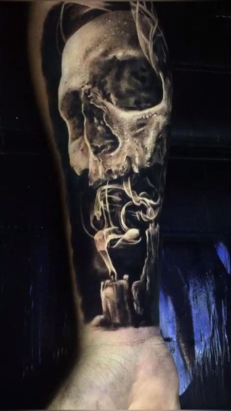 Candle Tattoo Design, Floral Skull Tattoos, Natur Tattoo Arm, Pin Tattoo, Voll Arm-tattoos, Unique Half Sleeve Tattoos, Evil Skull Tattoo, Skull Rose Tattoos, Chicano Tattoos Sleeve