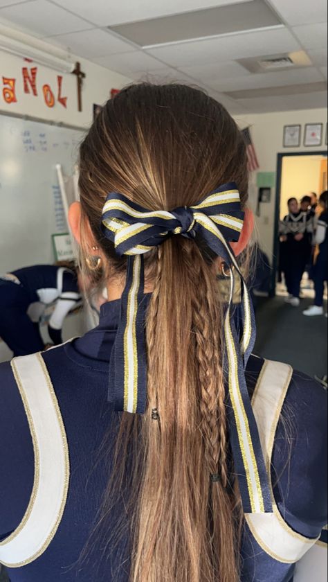 Braid Cheer Hairstyles, Cute Hairstyles Cheer, Mini Braid Ponytail, Diy Ribbon Ponytail Holders, Cute Low Ponytails For Cheer, Mini Braids Ponytail, Pep Rally Hairstyles Cheer Hair, Ponytail With Mini Braids, School Cheer Hairstyles With Bows