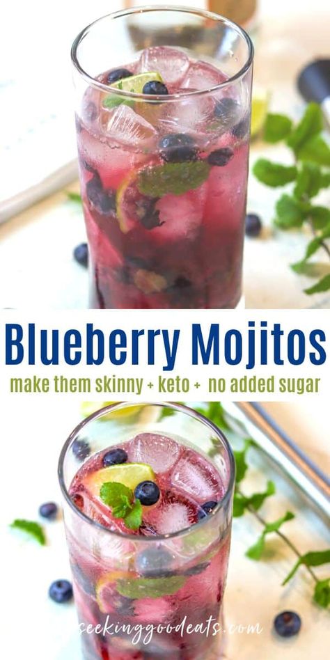 Thanksgiving Drinks Non Alcoholic, Blueberry Mojitos, Blueberry Mojito Recipe, Easy Cocktail Recipe, Blueberry Cocktail, Sugar Free Cocktails, Christmas Drinks Alcohol Recipes, Low Calorie Cocktails, Blueberry Mojito