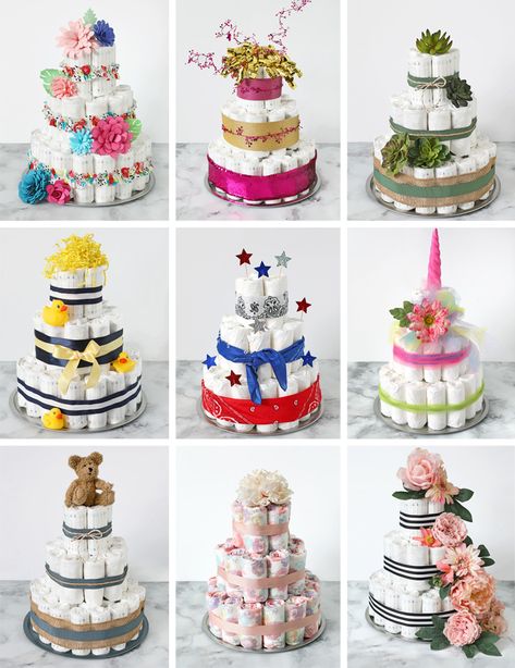 This is the best diaper cake tutorial! Everything you've ever wanted to know. Step by step instructions and tons of cute decorating ideas. Diaper Cakes Tutorial, Diaper Cake Instructions, Diy Diaper Cake, Girl Diaper Cake, Diaper Gifts, Idee Babyshower, Nappy Cake, Diaper Cake Boy