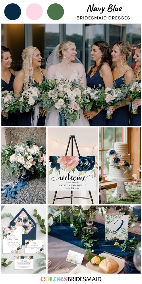 Navy blue bridesmaid dresses on sale under $100, in 600+ custom-made styles and all sizes, white bridal gown, white and light pink flower and greenery bouquet, white wedding cake with navy light pink flowers, navy blue wedding table runner, navy wedding invites and welcome sign with light pink flower print. #colsbm #bridesmaids #bridesmaiddresses #weddingideas #navybluewedding #bouquet #weddingcake #weddinginvites #weddingwelcomesign #weddingtabledecor #weddingcenterpieces #navybluedress b2268 Dark Blue And Blush Wedding, Navy Pink Green Wedding, Navy Blush Sage Wedding, Dark Blue And Pink Wedding Theme, Navy Blue And Pink Bridesmaid Dresses, Navy Blue Blush Pink White Wedding, Navy Wedding Color Schemes, Navy And Pink Rustic Wedding, Navy Blue And Pearl Pink Wedding