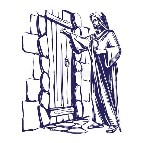 Illustration about Jesus Christ, Son of God knocking at the door, symbol of Christianity hand drawn vector illustration sketch. Illustration of artwork, jesus, life - 86589942 Hand Knocking On Door Drawing, Door Clipart, Symbol Of Christianity, I Am The Door, Jesus Son Of God, Jesus Drawings, Drawing Competition, Bible Illustrations, Bible Lessons For Kids