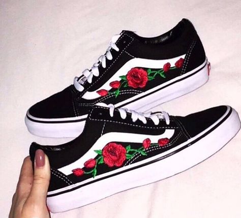 Old skool vans with custom rose embroidery. All sizes available as they are made to order. All orders are 100% brand new. Shipping within 1 day and delivery may take up to 7 days. Rose Vans, Black And Red Roses, Floral Vans, Tenis Vans, Nike Shoes Air Force, Vans Off The Wall, Vans Sneakers, Red Flower, Dream Shoes