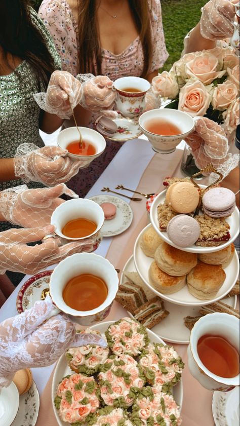 French Tea Party Aesthetic, Tea Party Aesthetic Vintage Dark, High Tea Party Aesthetic, Friends Tea Party, Tea Party Snack Ideas, Bridgerton Themed Picnic, Vintage Tea Party Aesthetic, Tea Party With Friends, Royal Tea Party Aesthetic