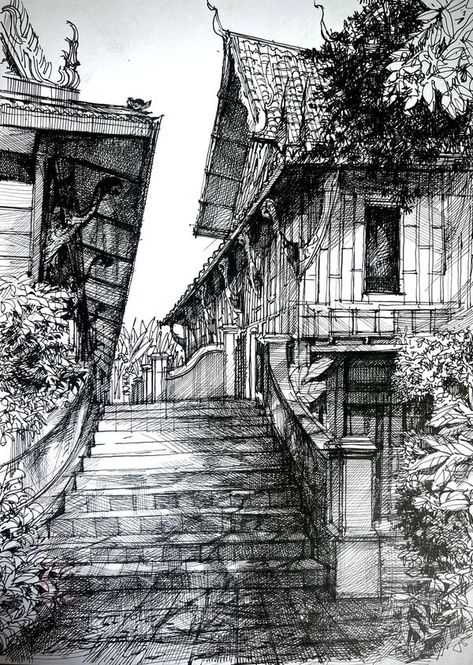 Traditional Pen and Ink Illustrators | Sketch drawing line pen ink + Watercolor on paper collection #Tumdec art | Facebook Ink Scenery Drawing, Ink House Drawing, Architecture Line Drawing Illustration, Urban Sketching Pencil, Watercolor Paintings With Pen, Ink Drawing Architecture, Nature Ink Drawing, Ink And Watercolor Art Landscape, Pen & Ink