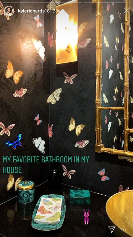 Kyle Richards Has the Most Unique Butterfly Bathroom | Style & Living Luxurious Backyard, Butterfly Bathroom, The Butterfly Effect, White Marble Floor, Black Rooms, Real Housewives Of Beverly Hills, Unique Butterfly, Colonial Style Homes, Sell My House