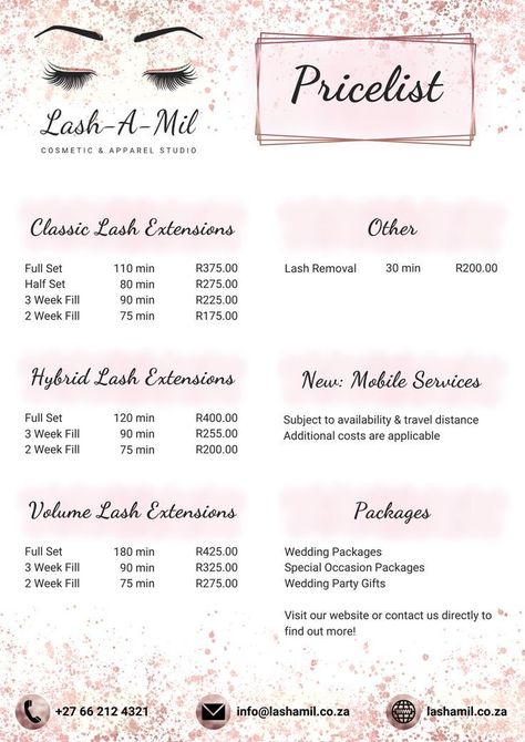 Lash Prices, Lashes Fake Eyelashes, Esthetician Marketing, Eyelash Technician, Volume Lash Extensions, Price List Template, Nail Services, Cake Lace, Brow Lamination