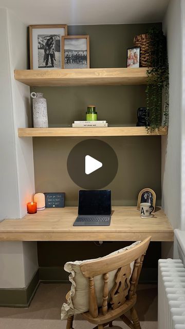 B&Q on Instagram: "ad DIY ALCOVE DESK with @bandq_uk!   I diy-ed an alcove desk to create my dream office space using materials, paint and accessories from @bandq_uk.   I first built the frame for the desk & shelves and then used 300mm pine furniture boards for the shelves & the desk.   I then added a front trim & stained with my colour of choice. I absolutely love how this space has turned out & can’t believe how easy it was to complete.  Full product list for you below and a more detailed explanation of the process in my reel, so #YouCanDoIt too. • 3663602860143 - Metsä Wood Smooth Planed Round edge Untreated Whitewood spruce CLS timber • 3663602862406 - Metsä Wood Whitewood Stick timber • 3663602877653 - Square edge Knotty pine Furniture board • 3663602858072  -  Cheshire Mouldings Smoo Desk Shopping, Alcove Desk, Cycling Lifestyle, Bedroom Alcove, Built In Desk And Shelves, Dream Office Space, Alcove Shelves, Alcove Shelving, Pine Desk