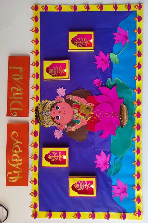 Bulletin board, diwali decoration Diwali Craft For Board Decoration, Diwali Activities For School, Diwali Decoration For School Board, Diwali Decoration For Preschool, Diwali School Board Decoration, Diwali Decorations For School, Diwali Decorations At School Board, Board Decoration For Diwali, Diwali Soft Board Decoration