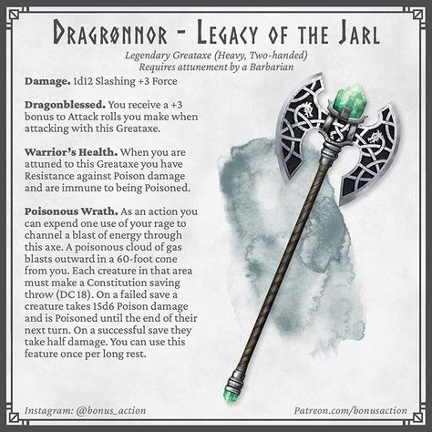 Tim on Instagram: “I’m feeling the legendary weapon vibe lately. :) enjoy this greataxe fit for a barbarian king! . . . . . . #barbarian #dungeonsanddragons…” Homebrew Greataxe 5e, Homebrew Barbarian Items, Dnd Barbarian Axes, Dnd Barbarian Items, Dnd Magic Items Barbarian, Dnd Barbarian Armor, Dnd Greataxe Homebrew, Barbarian Magic Items 5e, Fantasy Greataxe