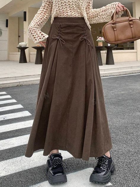 DAZY Ladies Solid Color Midi Skirt With Belt | SHEIN USA Witch Belt, Long Brown Vintage Skirt, Vintage Brown Skirts, Non-stretch Long Brown Skirt, Midi Skirt With Belt, Brown Flowy Midi-length Skirt, Vintage Cotton Brown Skirt, Witch Outfits, Skirt With Belt