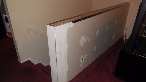 Half Wall at Top of Staircase Replacing Stair Railing Banisters, Half Wall Instead Of Railing, Stair Railing Half Wall, Wall Instead Of Railing, Half Wall With Spindles, Knee Wall Stairs, Half Wall By Stairs, Half Wall Banister Ideas, Half Wall Staircase Railings