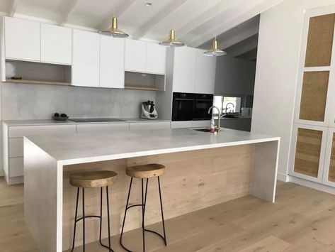 Grey White Timber Kitchen, Concrete Splashback, Concrete Benchtop Kitchen, Grey Worktop Kitchen, Airy Concrete Caesarstone, Concrete Benchtop, Polished Concrete Kitchen, Concrete Kitchen Island, Timber Floors